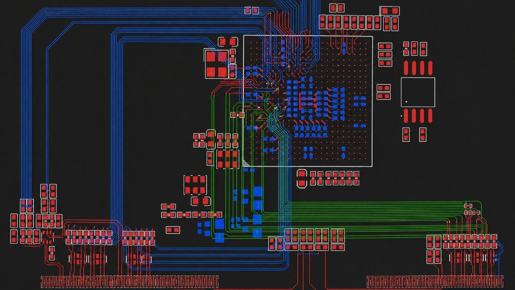 Close-up PCB CAD view showing BGA escape routing and parallel high-speed signal paths.