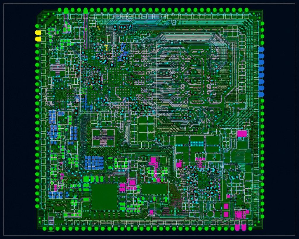 Anonymized multilayer PCB layout with dense perimeter routing and large BGA fan-out.