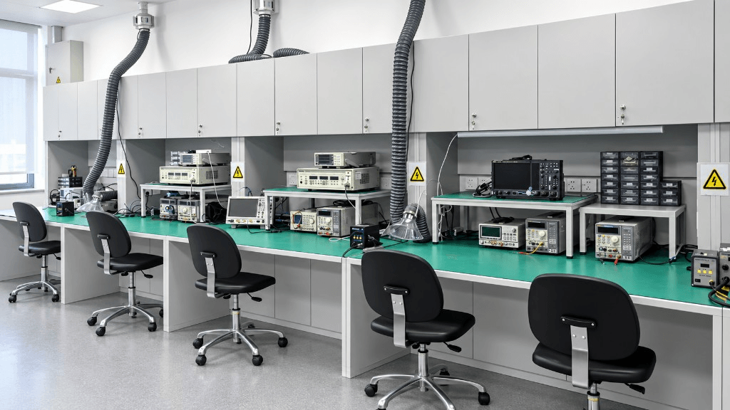 Electronics engineering laboratory with measurement instruments and prototype workstations