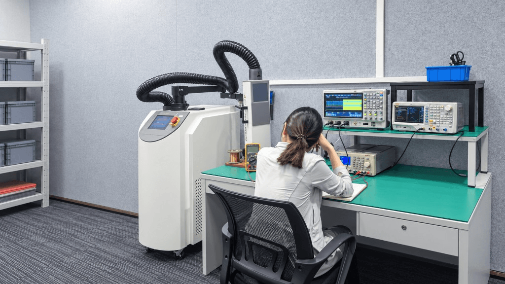 Engineer performing electronic measurement and hardware validation in a laboratory