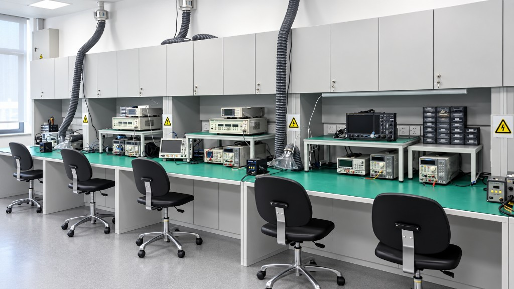 Electronics engineering laboratory with measurement instruments and workstations