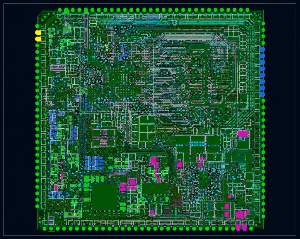 Anonymized high-density PCB layout showing multilayer routing and constrained placement